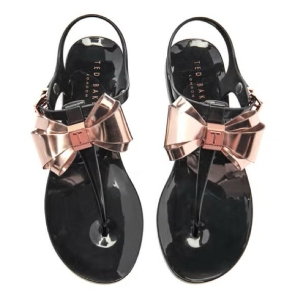 Ted Baker Ainda Rose Gold Bow Ankle TStrap Thong Jelly Bow Sandals Flats Black - Picture 6 of 16